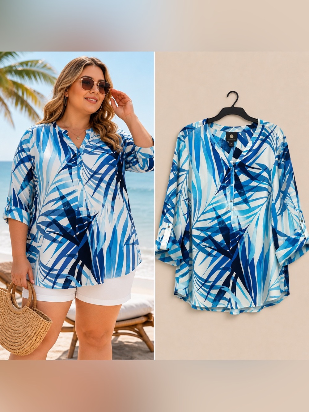 NWT JM Collection 2X Blue Tropical Palm Print Plus Size Blouse